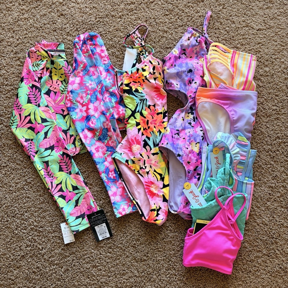Target Cat & Jack Art Class Girls Swim Bathing Suit Bundle XL 14 NWT NEW